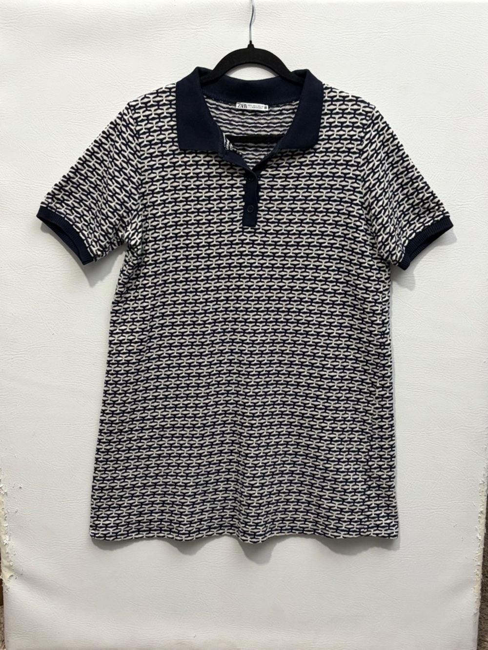 Zara Navy and White Mini Dress Geo-Pattern Polo Large